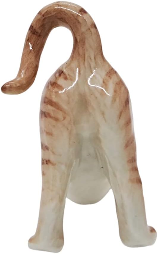 WitnyStore Tiny 2¼" Long Brown Tabby Shorthair Cat Stretching Figurine - Miniature Hand Made Painted Ceramic Cats Kitten Feline Animal Cute Porcelain Decorative Collectible Figurines Décor Gifts