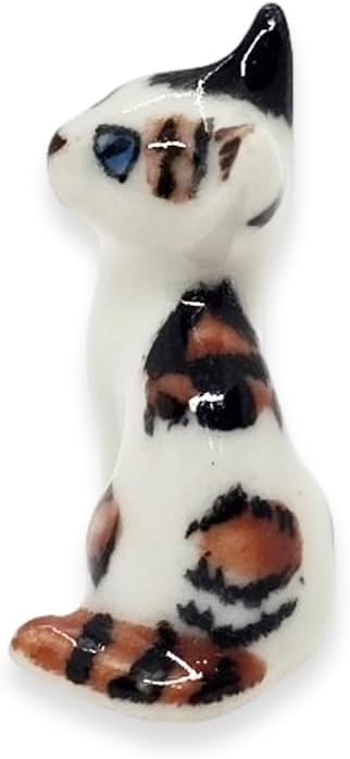 WitnyStore Tiny ¾ Inch Calico Tricolor Shorthair Cat Sitting Figurine - Miniature Hand Made Painted Ceramic Cats Kitten Feline Animal Cute Porcelain Decorative Collectible Figurines Décor Gifts
