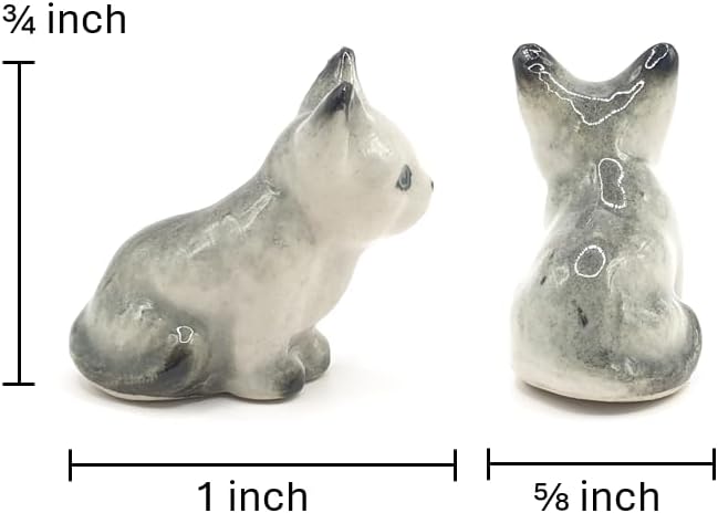 WitnyStore Tiny 1" Long Grey White Pointed Shorthair Cat Sitting Figurine - Miniature Hand Made Painted Ceramic Cats Kitten Feline Animal Cute Porcelain Decorative Collectible Figurines Décor Gifts
