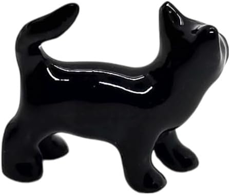 WitnyStore Tiny ¾ Long Black Shorthair Cat Playing Ball Figurine - Miniature Hand Made Painted Ceramic Cats Kitten Feline Animal Cute Porcelain Decorative Collectible Figure Décor Gifts
