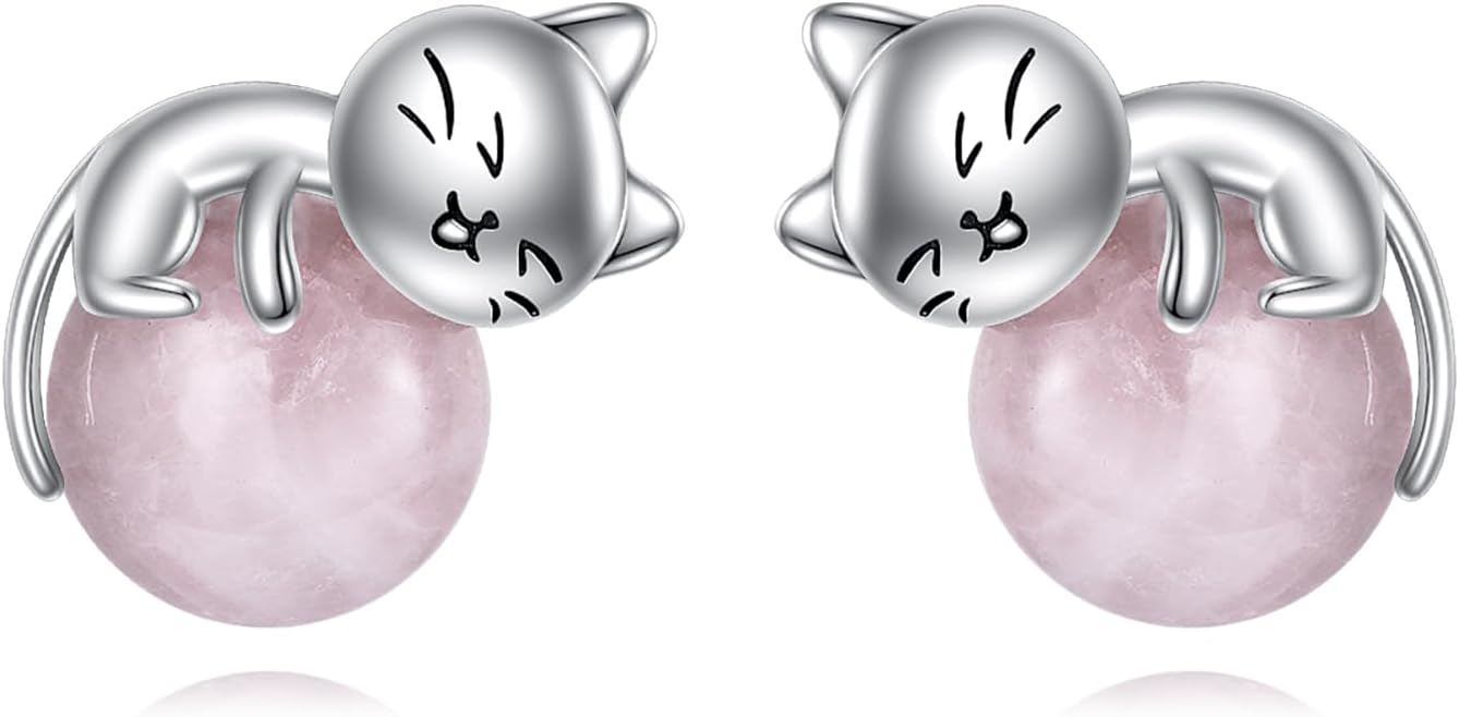 Sterling Silver Birthstone Black Cat Stud Earrings - Cat Birthstone Earrings for Women's Birthday Gift