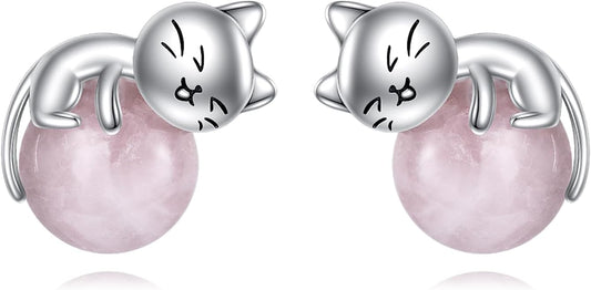 Sterling Silver Birthstone Black Cat Stud Earrings - Cat Birthstone Earrings for Women's Birthday Gift