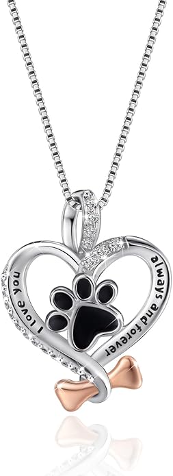 VANLAMS Womens 925 Sterling Silver Bone Love Heart Dog Paw Print Pendant Necklace I Love You Forever and Ever, Gifts for Dog Owner