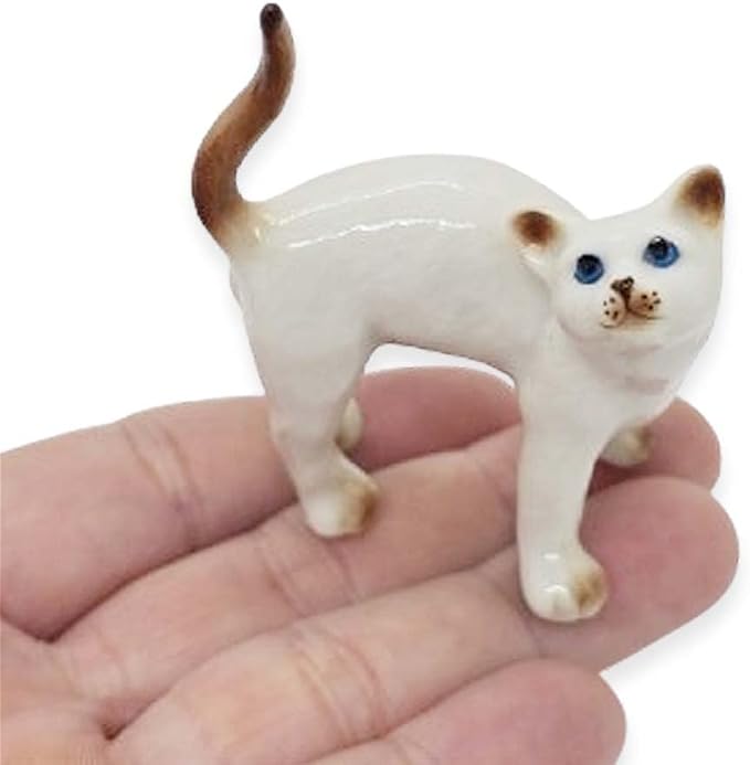 WitnyStore Tiny 2" White Brown Pointed Shorthair Siamese Cat Standing Look Up Figurine - Miniature Hand Made Painted Ceramic Cats Kitten Animal Cute Porcelain Decorative Collectible Figure Décor Gifts
