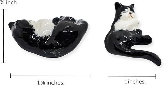 WitnyStore Tiny 1⅜" Black White Tuxedo Shorthair Cat Sleeping Tail Hang Off Figurine - Miniature Hand Made Ceramic Cats Kitten Feline Animal Cute Porcelain Decorative Collectible Figures Décor Gifts