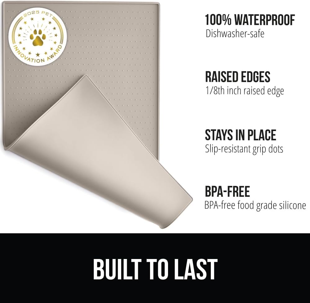 GORILLA GRIP 100% Waterproof Raised Edge BPA Free Silicone Pet Feeding Mat, Dog Cat Food Mats Contain Spills Protects Floors, Placemats for Cats and Dogs Water Bowl, Pets Accessories 32x24 Beige