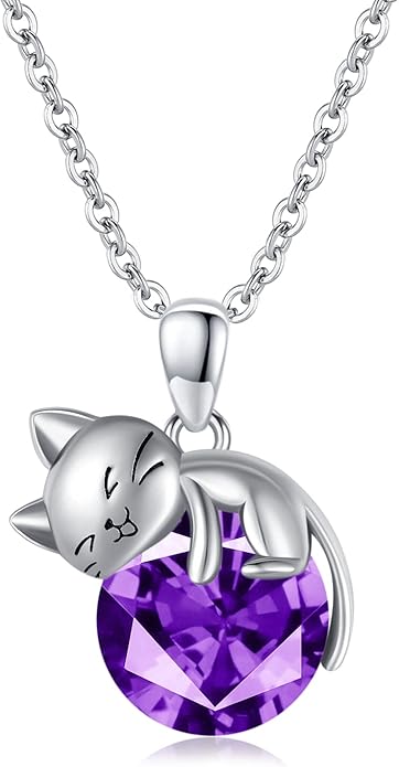 LONAGO Cat Necklace with Birthstone 925 Sterling Silver Cat Pendant Necklace Gift for Women