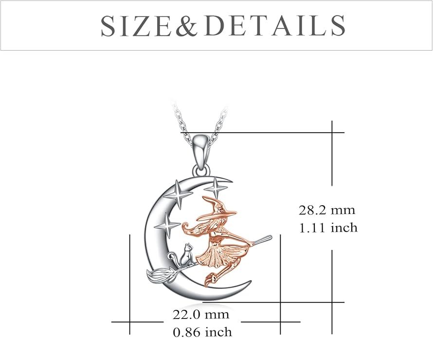 YFN Sterling Silver Cat Witch Necklace Hanging on Broom - Women's Witch Jewelry Gift