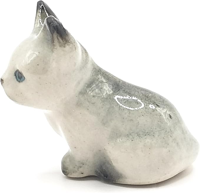 WitnyStore Tiny 1" Long Grey White Pointed Shorthair Cat Sitting Figurine - Miniature Hand Made Painted Ceramic Cats Kitten Feline Animal Cute Porcelain Decorative Collectible Figurines Décor Gifts