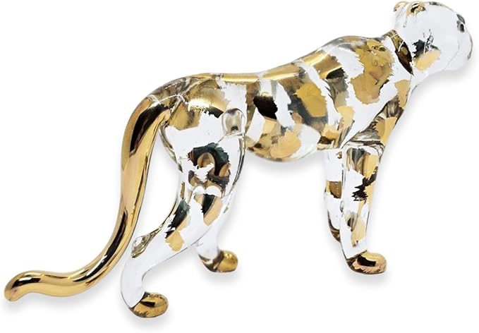 WitnyStore Tiny 5" Clear Gold Stand Cheetah Leopard - Miniature Hand Blown Painted Glass Panthera Feline Wild Cats Small Crystal Wildlife Animals Decorative Figures Collectible Figurines Décor Gifts