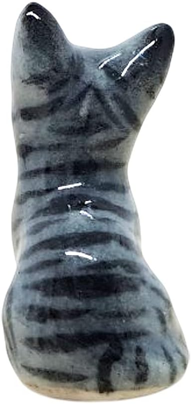 WitnyStore Tiny 3⁄4 Inch High Gray Tabby Shorthair Cat Sitting Tilt Head Figurine - Miniature Hand Made Painted Ceramic Cats Kitten Animal Cute Porcelain Decorative Collectible Figures Décor Gifts