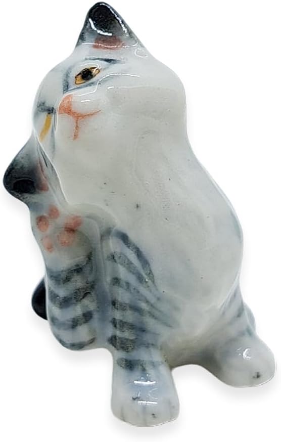 WitnyStore Tiny 1½" Gray White Tabby Shorthair Cat Scratching Ear Figurine - Miniature Hand Made Painted Ceramic Cats Kitten Feline Animal Cute Porcelain Decorative Collectible Figurines Décor Gifts