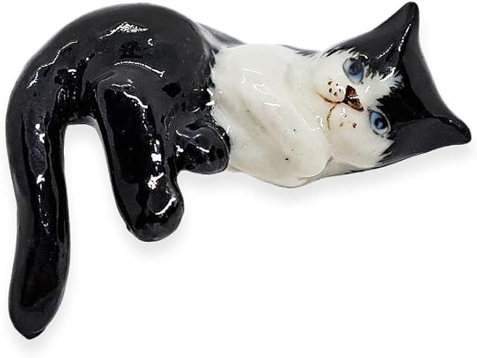 WitnyStore Tiny 1⅜" Black White Tuxedo Shorthair Cat Lying Tail Hang Off Figurine - Miniature Hand Made Ceramic Cats Kitten Feline Animal Cute Porcelain Decorative Collectible Figurines Décor Gifts