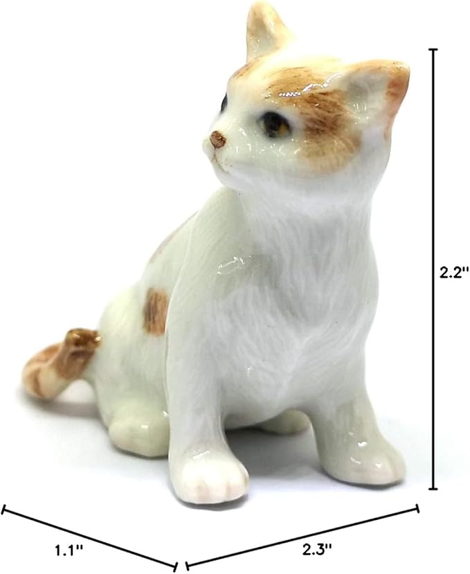 ZOOCRAFT Ceramic Cat Figurine Porcelain Handmade Miniatures Collectible White Brown Sitting