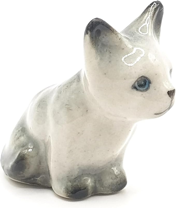 WitnyStore Tiny 1" Long Grey White Pointed Shorthair Cat Sitting Figurine - Miniature Hand Made Painted Ceramic Cats Kitten Feline Animal Cute Porcelain Decorative Collectible Figurines Décor Gifts