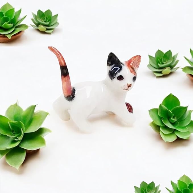WitnyStore Tiny 1½" Calico Tricolor Shorthair Cat Standing Play Ball Figurine - Miniature Hand Made Painted Ceramic Cats Kitten Feline Animal Cute Porcelain Decorative Collectible Figure Décor Gifts