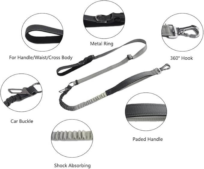 Hands Free Dog Leash for Large Medium Dogs Heavy Duty Bungee Reflective Adjustable Waist Leashes for Walking Running with Car Buckle 4-6FT (Grey)