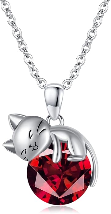 LONAGO Cat Necklace with Birthstone 925 Sterling Silver Cat Pendant Necklace Gift for Women