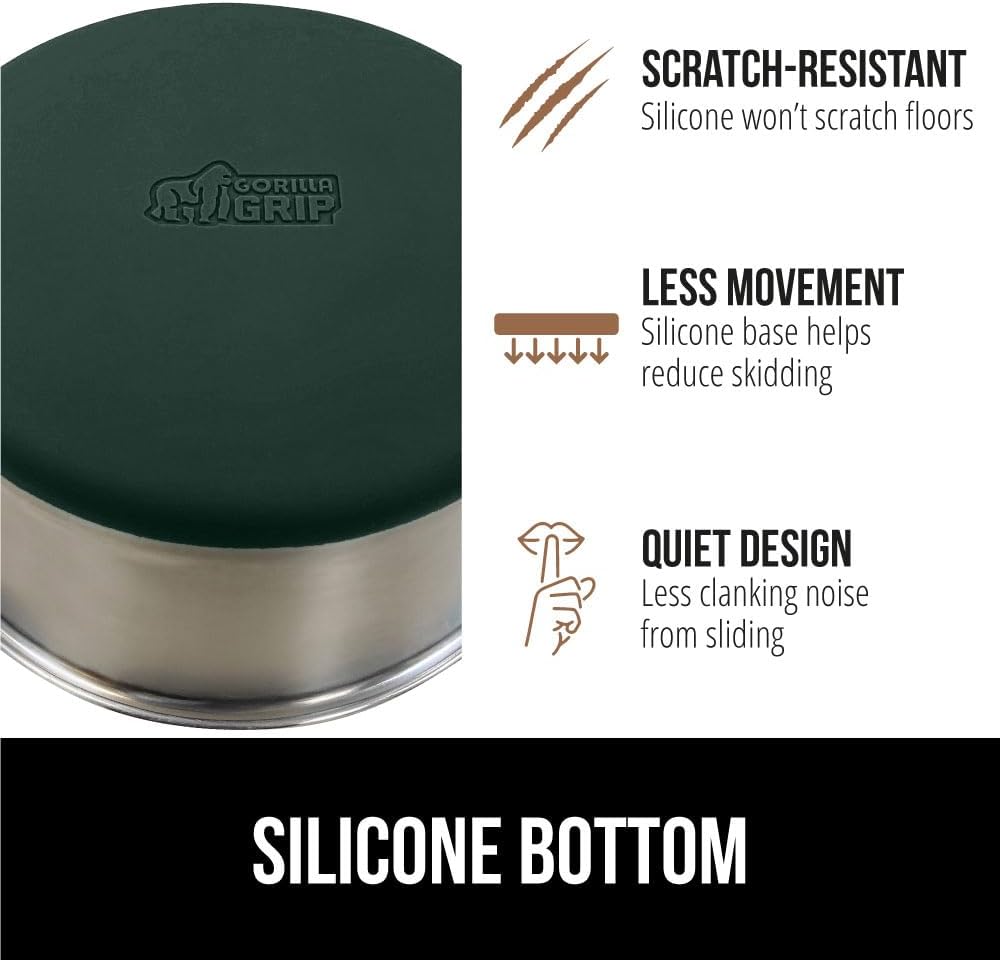 GORILLA GRIP Set of 2 Dog Bowls, Holds 6 Cups (48 fl oz), Heavy Duty Metal Food and Water Bowl for Feeding Dogs and Cats, Dishwasher Safe, Rust Resistant Stainless Steel, BPA Free Rubber Base, Green