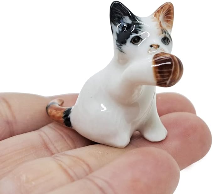 WitnyStore Tiny 1¾" Long Calico Tricolor Shorthair Cat Sitting Hold Up Ball Figurine - Miniature Hand Made Painted Ceramic Cats Kitten Animal Cute Porcelain Decorative Collectible Figure Décor Gifts