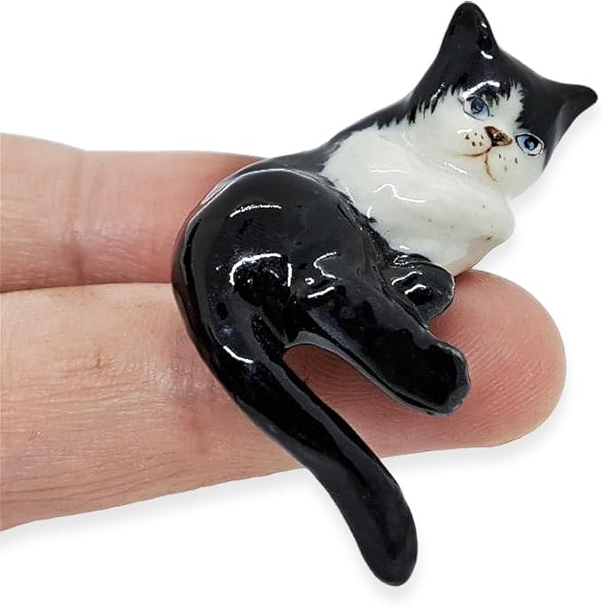 WitnyStore Tiny 1⅜" Black White Tuxedo Shorthair Cat Lying Tail Hang Off Figurine - Miniature Hand Made Ceramic Cats Kitten Feline Animal Cute Porcelain Decorative Collectible Figurines Décor Gifts