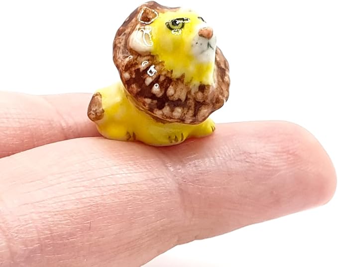 WitnyStore Tiny ½ Inch Yellow Brown Sit Lion Figurine - Miniature Hand Made Ceramic Panthera Wild Cats Tiger Jaguar Leopard Panthers Animals Small Porcelain Decorative Collectible Figures Décor Gifts