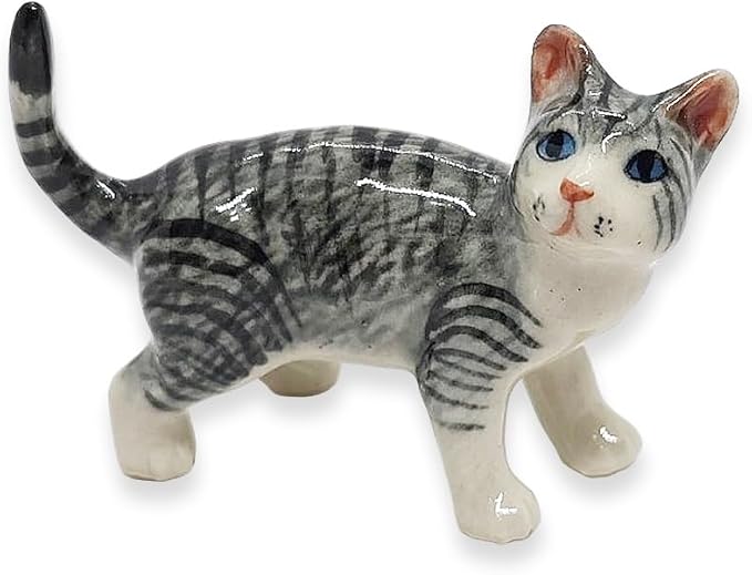 WitnyStore Tiny 2" Long Gray White Tabby Cat Standing Look Right Figurine - Miniature Hand Made Painted Ceramic Cats Kitten Feline Animal Cute Porcelain Decorative Collectible Figurines Décor Gifts
