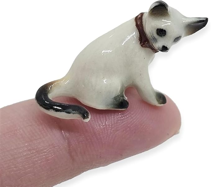 WitnyStore Tiny 1" White Gray Pointed Shorthair Siamese Cat Sitting Look Right Figurine - Miniature Hand Made Ceramic Cats Kitten Feline Animal Cute Porcelain Decorative Collectible Figure Décor Gifts