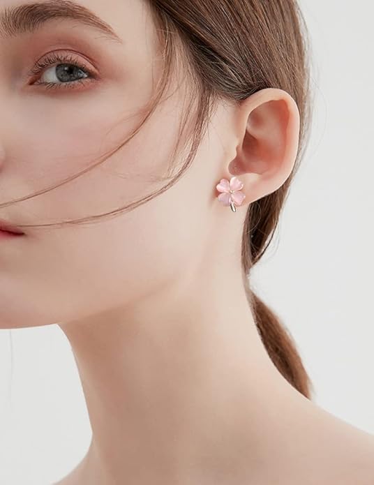 Green Cat Eye's Clover Flower Earrings for Women Girls 925 Sterling Silver Post Pin Hypoallergenic Lucky Love Heart 4 Leaf Petal Small Cute Studs Earring Dainty Gifts for Mother Sister Aunt