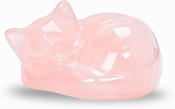 WHAL&YUNE Crystal Cat Figurine, 1PC Rose Quartz Cat Stone, Natural Sleeping Cat Ornament Hand Carved Cat Statue Cat Decoration for Cat Lovers, Gift 1.5"