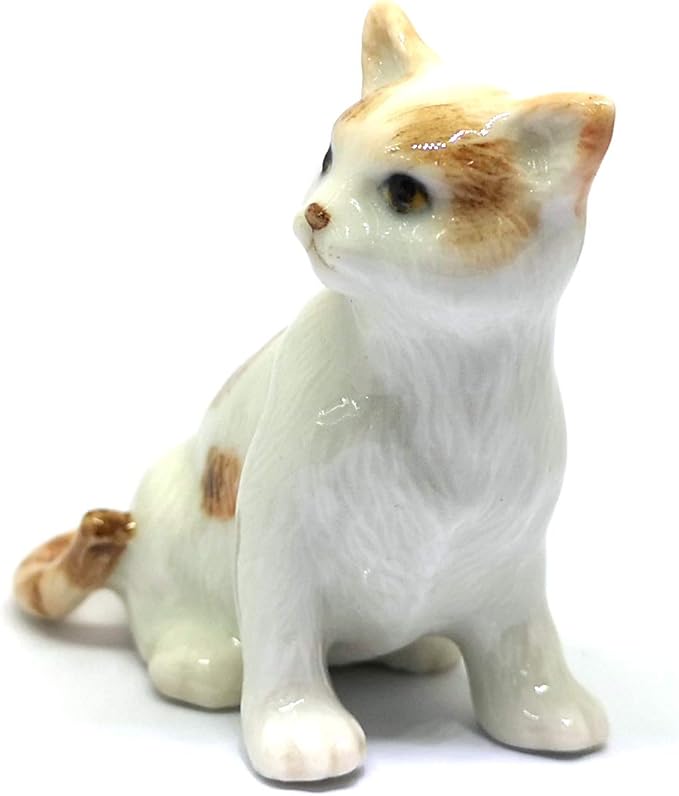ZOOCRAFT Ceramic Cat Figurine Porcelain Handmade Miniatures Collectible White Brown Sitting