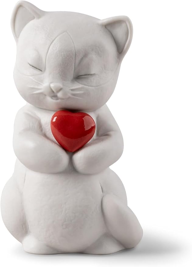LLADRÓ Porcelain Figure Whiskers-Playful Cat from The Lovely World Collection Dedicated to Love. Decorative Figure of a Cat in Matte White Porcelain with a Red Heart