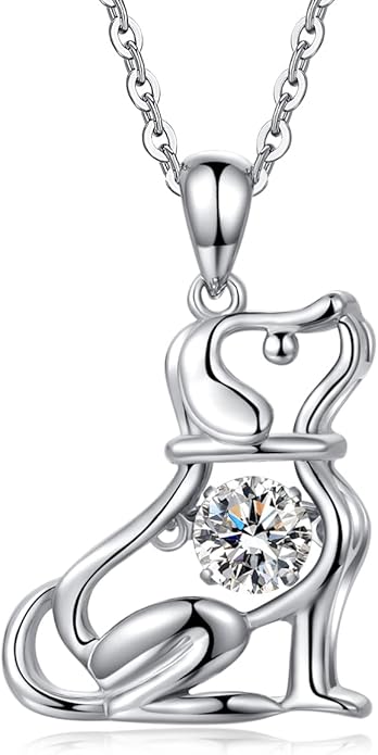 jiamiaoi 18K White Gold Plated Cat Necklace 925 Sterling Silver Diamond Cat Necklace Silver Cat On Moon Necklace for Women Gift for Birthday/Christmas, Come with Gift Box