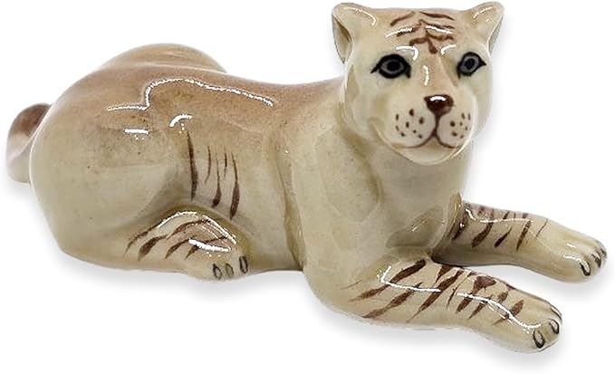 WitnyStore Tiny 2¾" Brown Lying Liger Figurine - Miniature Hand Made Ceramic Panthera Wild Cats Lion Tiger Jaguar Leopard Panthers Animals Small Porcelain Decorative Collectible Figures Décor Gifts