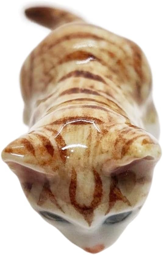 WitnyStore Tiny 1⅝" Long Brown White Tabby Shorthair Cat Crouching Figurine - Miniature Hand Made Painted Ceramic Cats Kitten Feline Animal Cute Porcelain Decorative Collectible Figures Décor Gifts