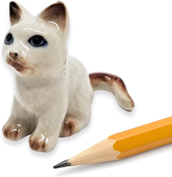 WitnyStore Tiny 1⅛" Long White Brown Pointed Shorthair Cat Sitting Figurine - Miniature Hand Made Painted Ceramic Cats Kitten Feline Animal Cute Porcelain Decorative Collectible Figurines Décor Gifts