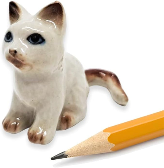 WitnyStore Tiny 1⅛" Long White Brown Pointed Shorthair Cat Sitting Figurine - Miniature Hand Made Painted Ceramic Cats Kitten Feline Animal Cute Porcelain Decorative Collectible Figurines Décor Gifts