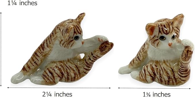 WitnyStore Tiny 2¼" Brown White Tabby Shorthair Cat Chasing Tail Figurine - Miniature Hand Made Painted Ceramic Cats Kitten Feline Animal Cute Porcelain Decorative Collectible Figurines Décor Gifts