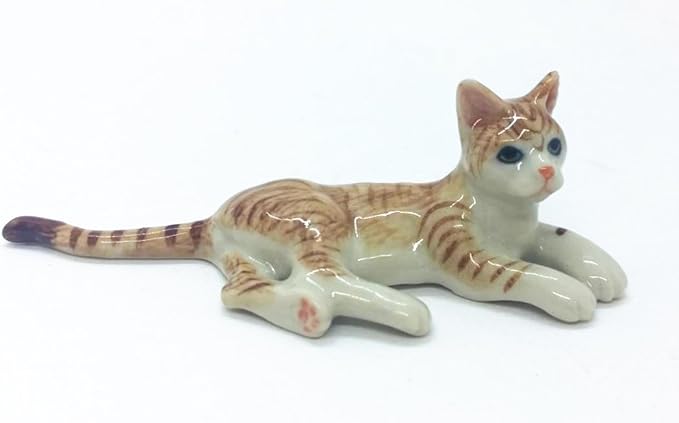 WitnyStore Tiny 3" Long Brown White Tabby Shorthair Cat Lying On Side Figurine - Miniature Hand Made Painted Ceramic Cats Kitten Feline Animal Cute Porcelain Decorative Collectible Figures Décor Gifts