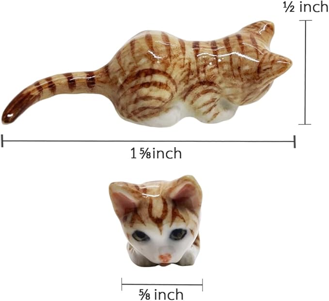 WitnyStore Tiny 1⅝" Long Brown White Tabby Shorthair Cat Crouching Figurine - Miniature Hand Made Painted Ceramic Cats Kitten Feline Animal Cute Porcelain Decorative Collectible Figures Décor Gifts