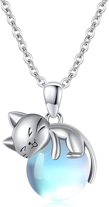 LONAGO Cat Necklace with Birthstone 925 Sterling Silver Cat Pendant Necklace Gift for Women