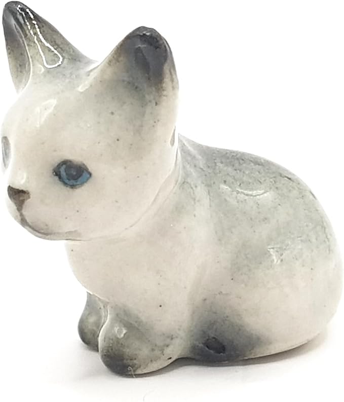 WitnyStore Tiny 1" Long Grey White Pointed Shorthair Cat Sitting Figurine - Miniature Hand Made Painted Ceramic Cats Kitten Feline Animal Cute Porcelain Decorative Collectible Figurines Décor Gifts