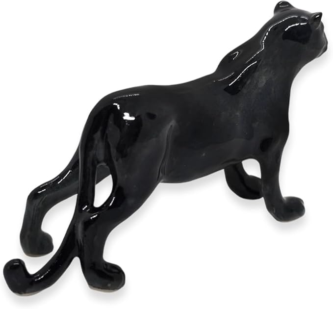 WitnyStore Tiny 4" Black Standing Panther Figurine - Miniature Hand Made Ceramic Panthera Wild Cats Lion Tiger Jaguar Leopard Panthers Animal Small Porcelain Decorative Collectible Figures Décor Gifts