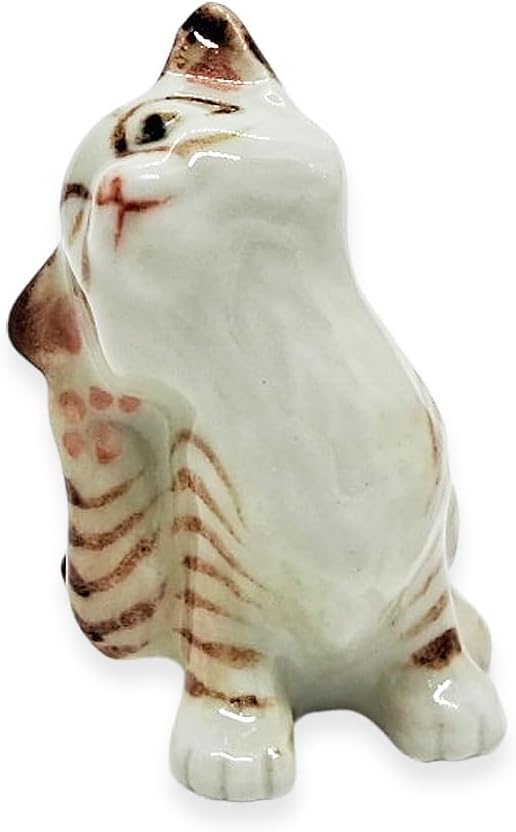 WitnyStore Tiny 1½" Brown White Tabby Shorthair Cat Scratching Ear Figurine - Miniature Hand Made Painted Ceramic Cats Kitten Feline Animal Cute Porcelain Decorative Collectible Figurines Décor Gifts