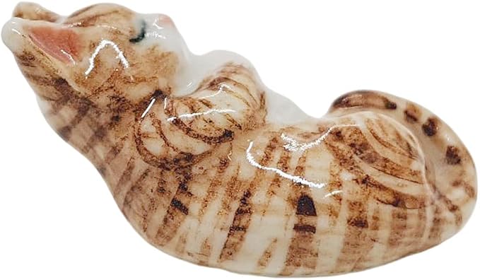 WitnyStore Tiny 1" Long Brown White Tabby Shorthair Cat Sleeping Figurine - Miniature Hand Made Painted Ceramic Cats Kitten Feline Animal Cute Porcelain Decorative Collectible Figurines Décor Gifts