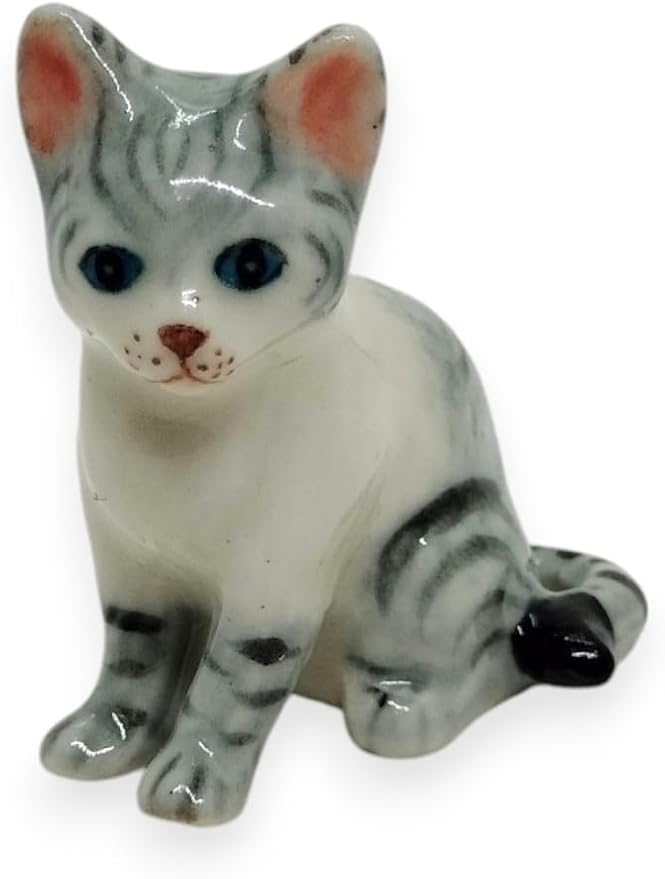 WitnyStore Tiny 1⅜" High White Gray Tabby Shorthair Cat Sitting Figurine - Miniature Hand Made Painted Ceramic Cats Kitten Feline Animals Cute Porcelain Decorative Collectible Figures Décor Gifts
