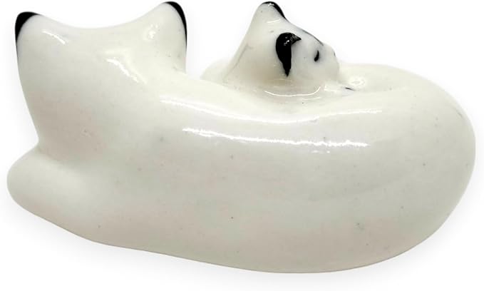 WitnyStore Tiny 1½" White Black Pointed Shorthair Cat Mom Baby Sleeping Figurine - Miniature Hand Made Painted Ceramic Cats Kitten Feline Animal Cute Porcelain Decorative Collectible Figure Décor Gift