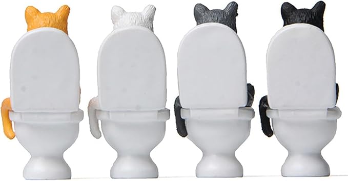 White Miniature Cat Figure Sitting On Toilet Cat Statue Figurine Resin Home Decor Cartoon Animal Garden Statues,Garden Miniatures Arden Sculptures and Statues
