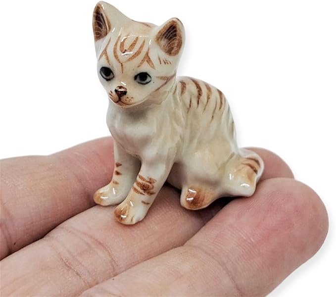 WitnyStore Tiny 1⅛" Light Brown Tabby Shorthair Cat Sitting Look Left Figurine - Miniature Hand Made Painted Ceramic Cats Kitten Feline Animal Cute Porcelain Decorative Collectible Figures Décor Gifts