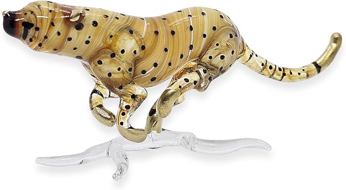 WitnyStore Tiny 6" Brown Running Cheetah Leopard Jaguar - Miniature Hand Blown Painted Glass Panthera Feline Wild Cats Small Crystal Wildlife Animal Decorative Figure Collectible Figurines Décor Gifts